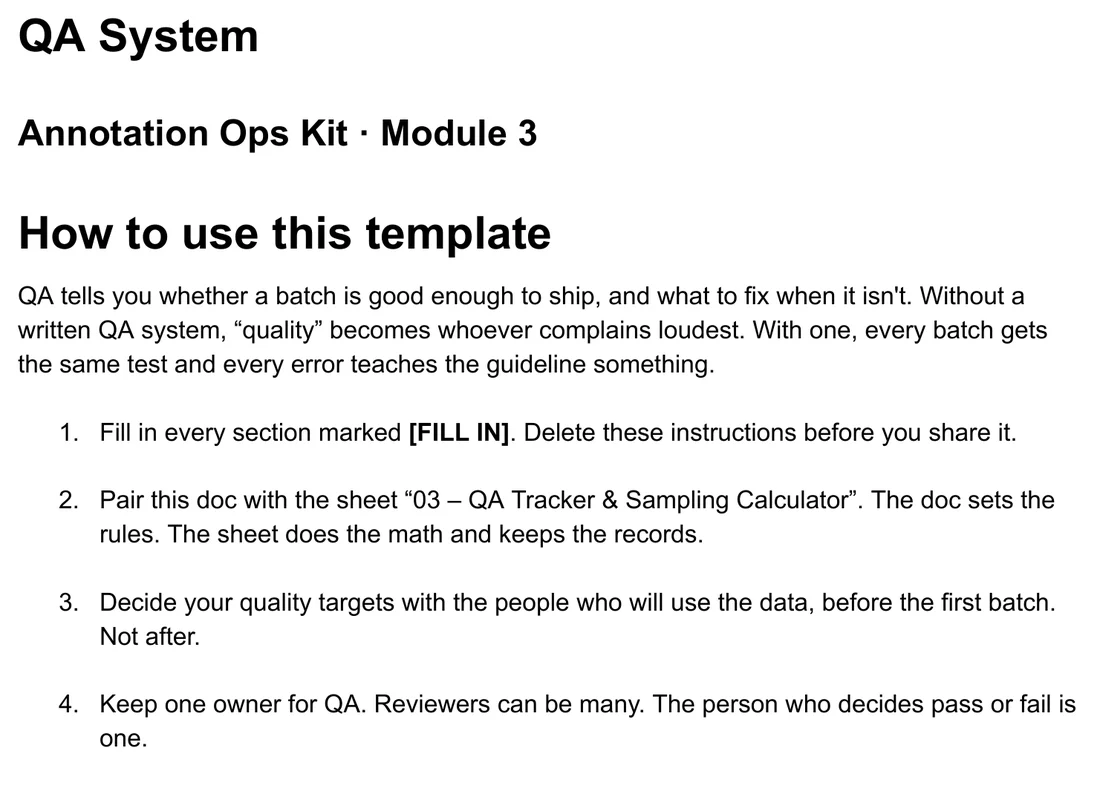 First page of the QA System playbook